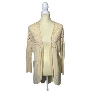 Umgee Boho Coastal Cream Open Front Crochet Knit Cardigan Women's Size Small